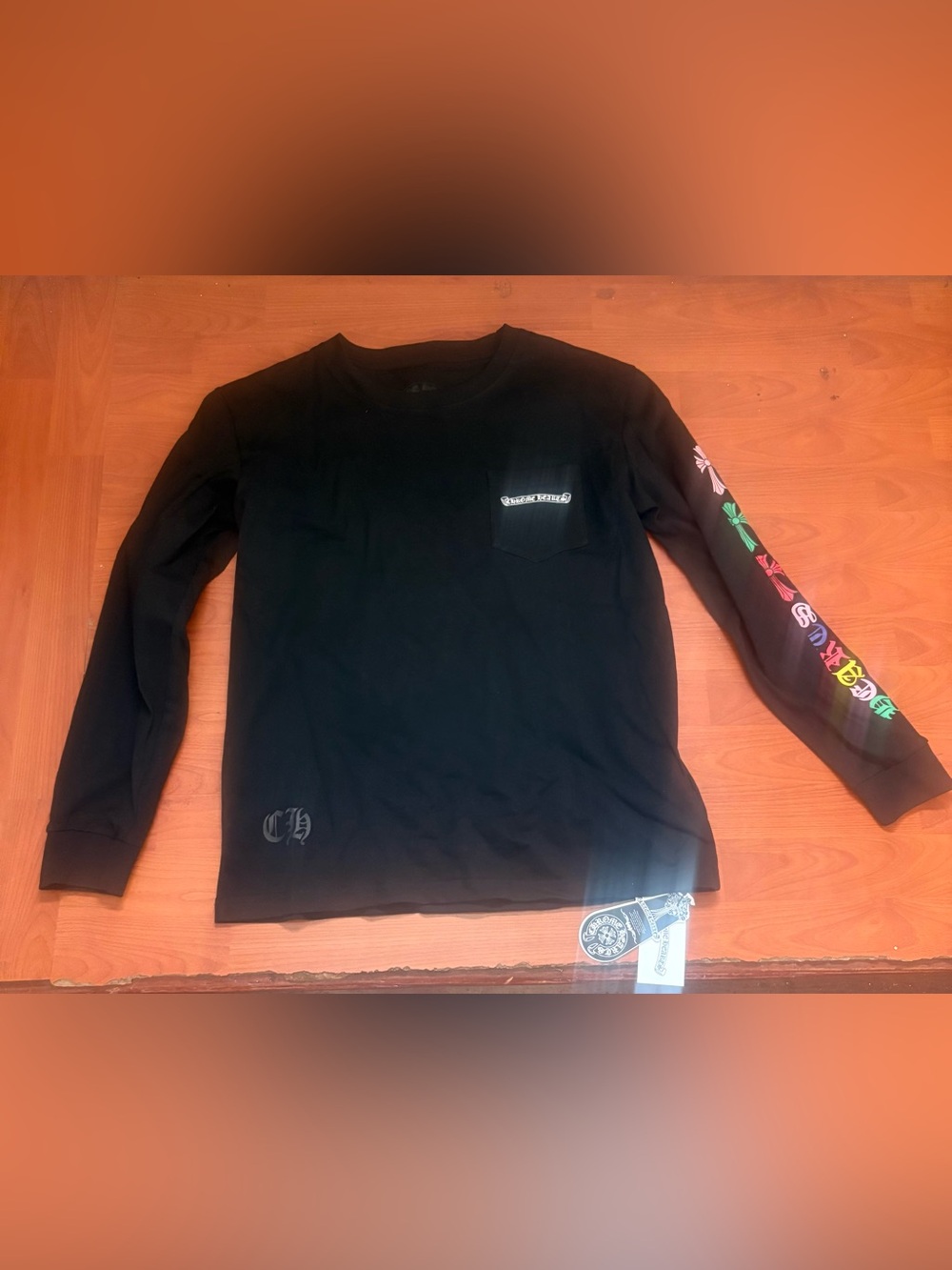 Chrome Hearts Black Long-Sleeve Pocket Tee with Sleeve Floral Accents